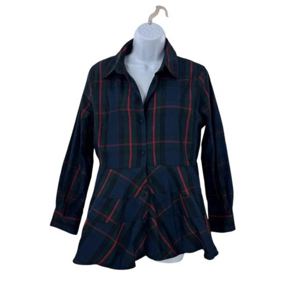 Pomander Place NEW Fraser Navy Plaid Ashlen Peplum Long Sleeve Blouse Top Size L - Picture 4 of 9